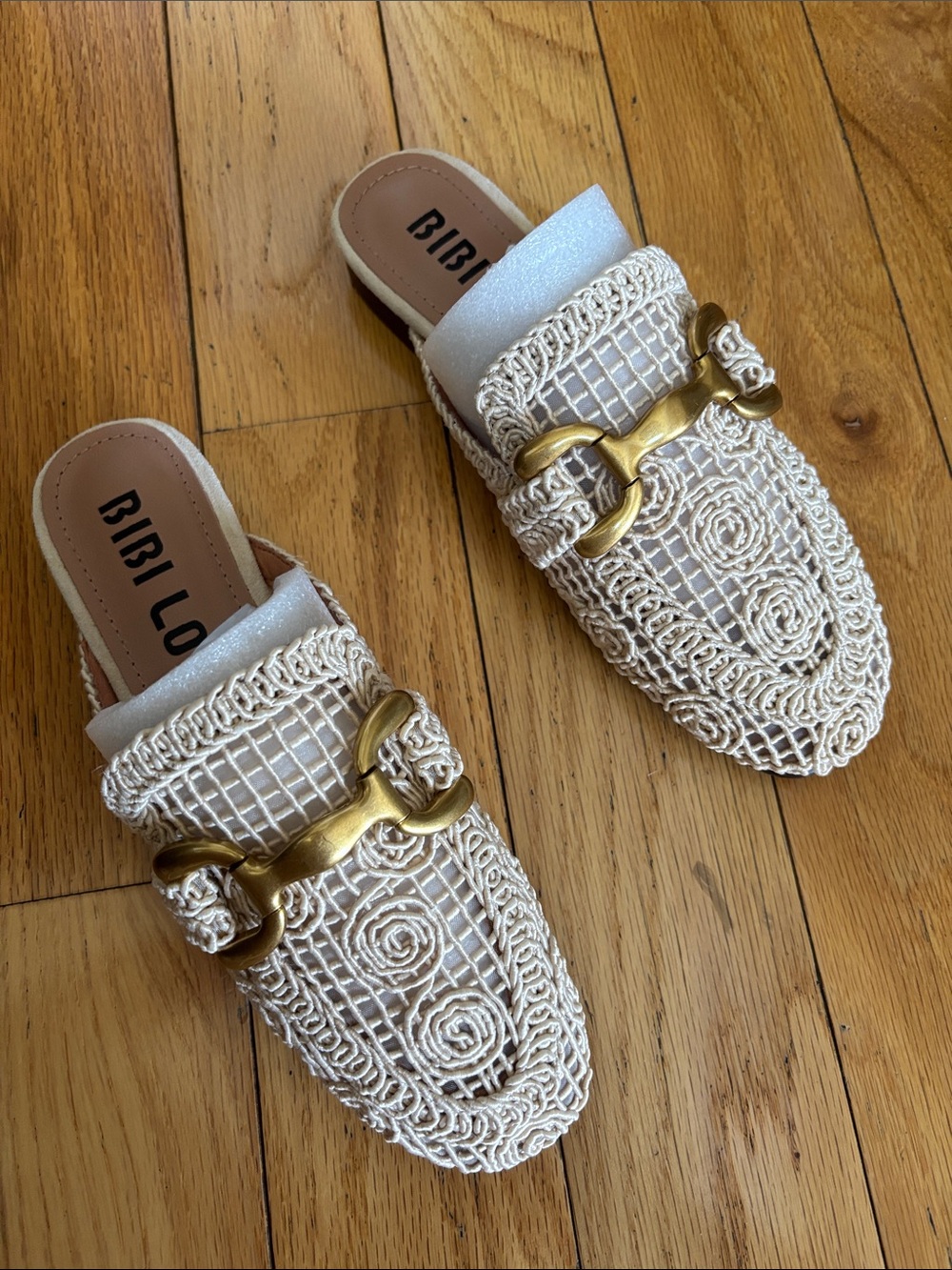Bibi Lou Cream Braided Mule with Gold Horsebit Accent